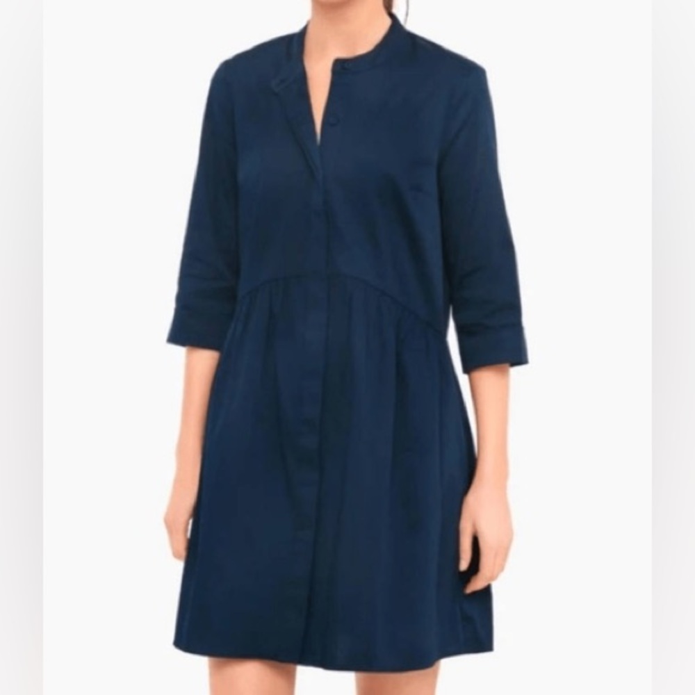Tuckernuck Navy Cotton Poplin Pleated Shirt Dress Mock Neck Midi Size M
